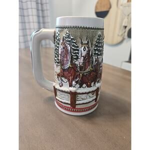 Vintage 1984 Budweiser Holiday Christmas Beer Stein Clydesdale Covered Bridge